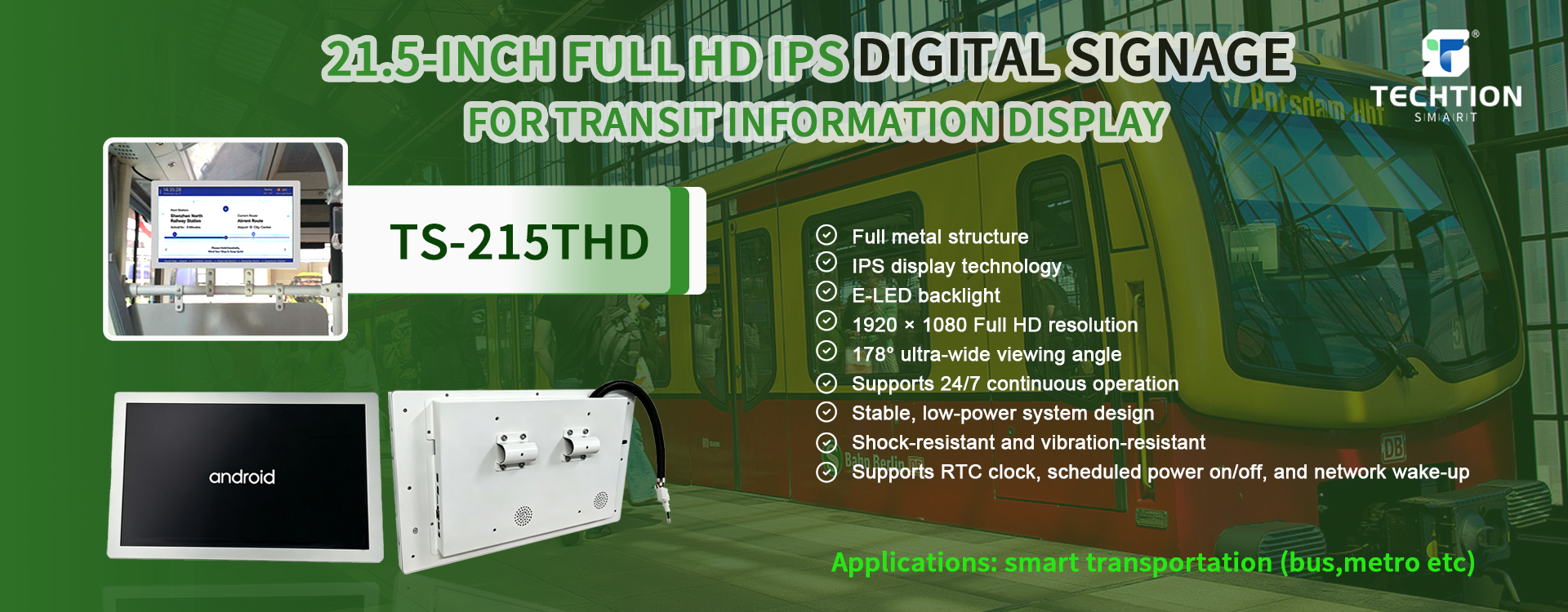 TS-215THD: 21.5” Full HD IPS Digital Signage for Transit Information Display